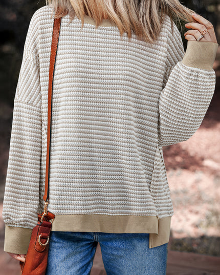 Brown Stripe Ribbed Trim Drop Shoulder Long Sleeve Oversized Top