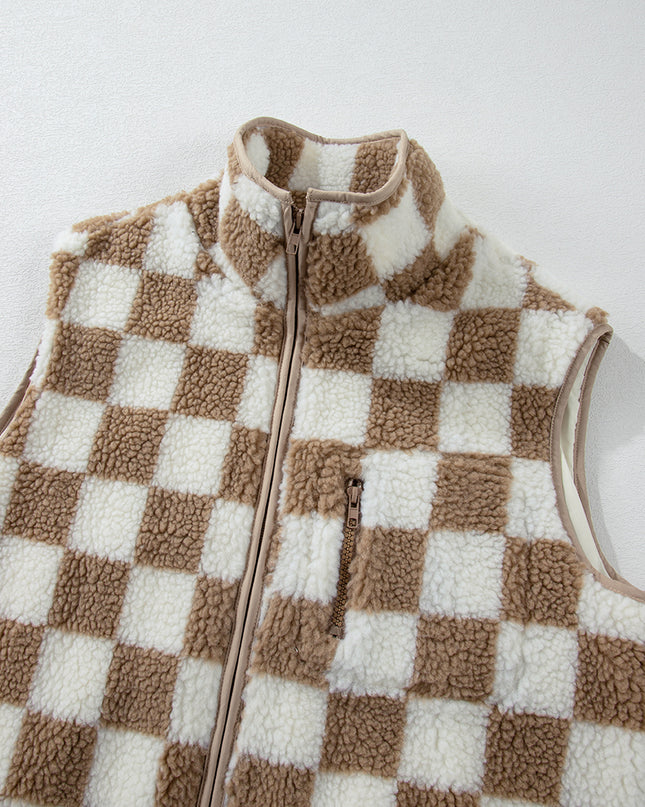 Khaki Checkered Sherpa Collared Jacket Vest