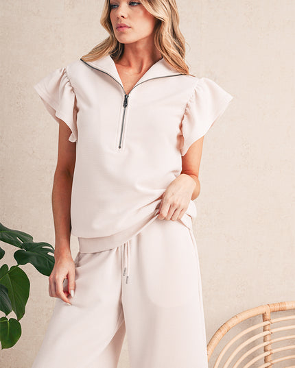 Beau Blue Textured Ruffle Sleeve Zipped Top and Wide Leg Pants Set