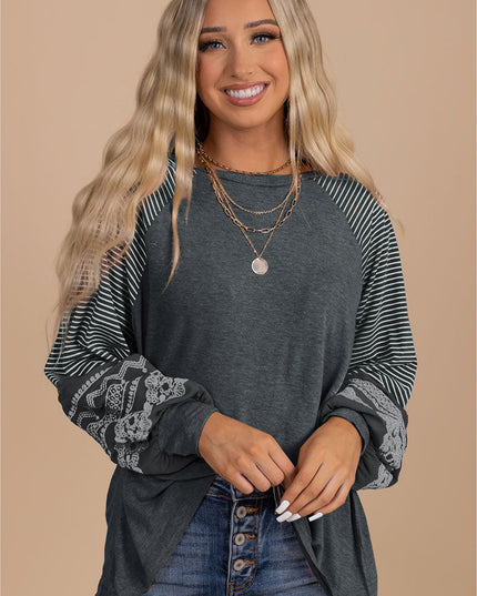 Rose Red Contrast Print Striped Raglan Long Sleeve Loose Top