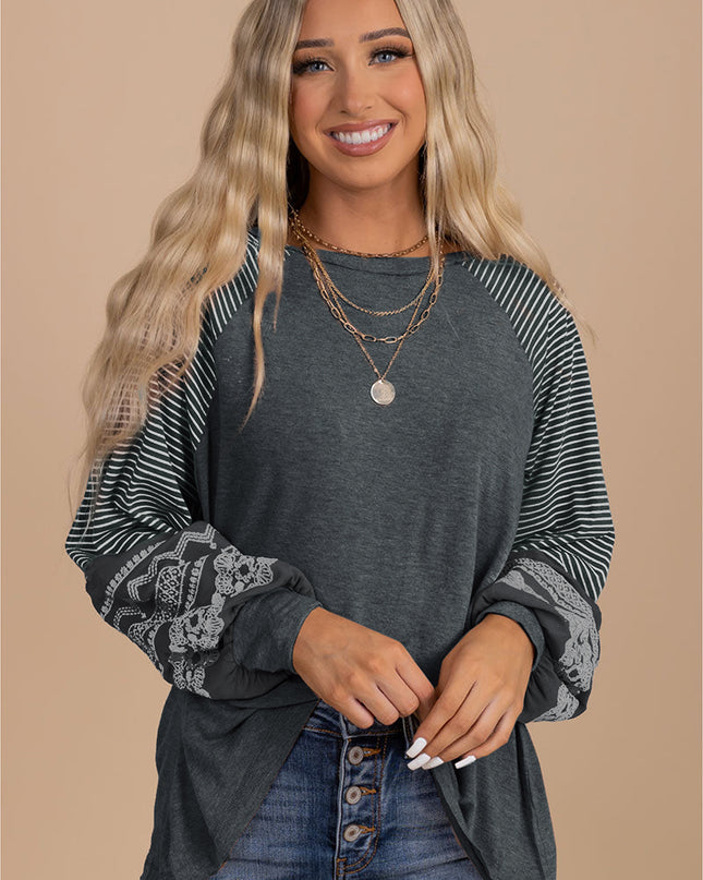 Rose Red Contrast Print Striped Raglan Long Sleeve Loose Top