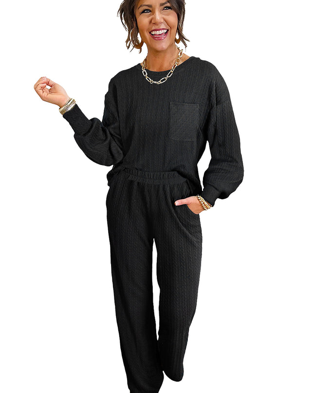Black Textured Chest Pocket Drop Sleeve Top and Pants Set