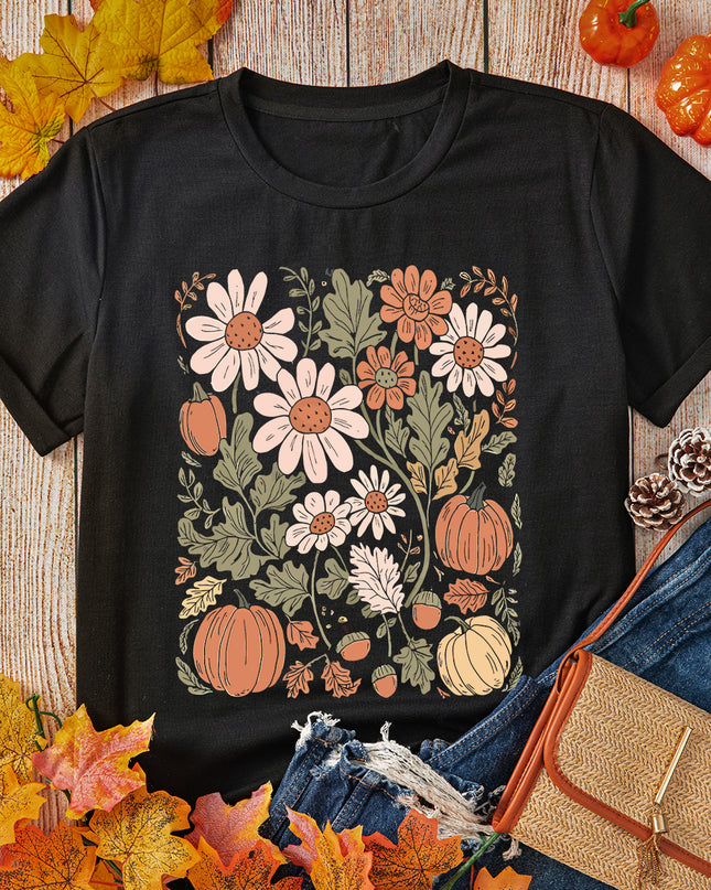 Black Wild Flower Pumpkin Print T Shirt