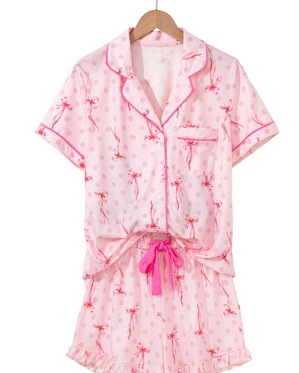 Pink Polka Dot and Bow Print Ruffle Hem Shorts Pajama Set