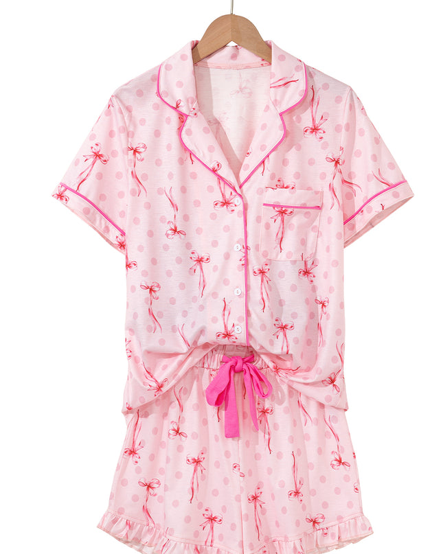 Pink Polka Dot and Bow Print Ruffle Hem Shorts Pajama Set