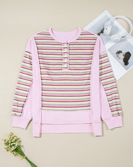 Pink Striped Patchwork Button V Neck Pullover Sweatshirt