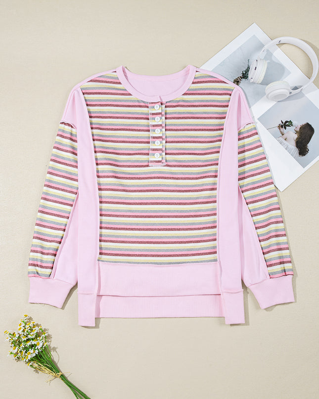 Pink Striped Patchwork Button V Neck Pullover Sweatshirt