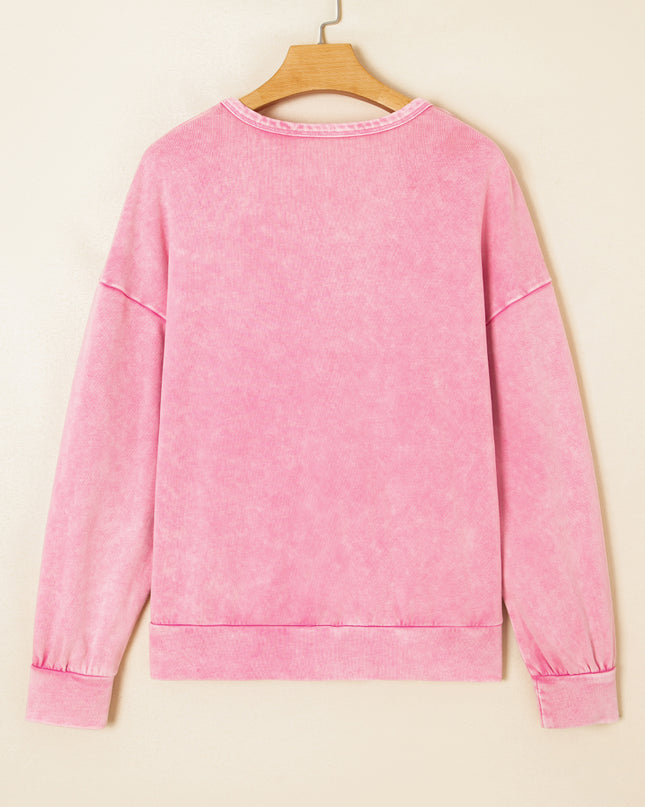 Bright Pink Mineral Wash Waffle Bow Patched Pullover Sweatshirt