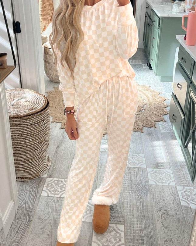 Beige Checkered Print Long Sleeve Loose Fit Pajama Set