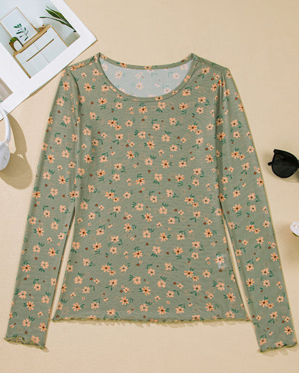Laurel Green Vintage Floral Print Mesh Slim Fit Long Sleeve Top