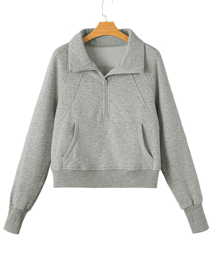 Black Zip Up Stand Collar Ribbed Thumbhole Sleeve Sweatshirt