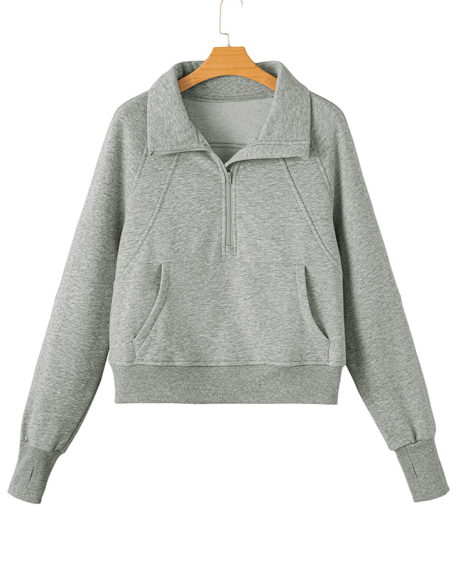 Black Zip Up Stand Collar Ribbed Thumbhole Sleeve Sweatshirt