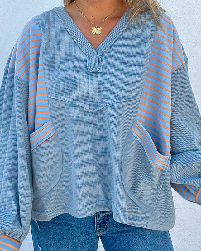 Meadow Mist Green Exposed Seam Waffle Striped Patchwork Baggy Pullover