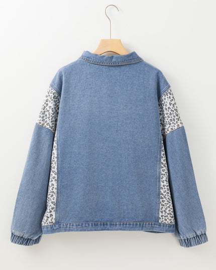 Beau Blue Leopard Patchwork Plus Size Denim Jacket