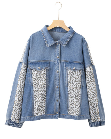 Beau Blue Leopard Patchwork Plus Size Denim Jacket