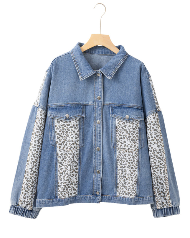 Beau Blue Leopard Patchwork Plus Size Denim Jacket