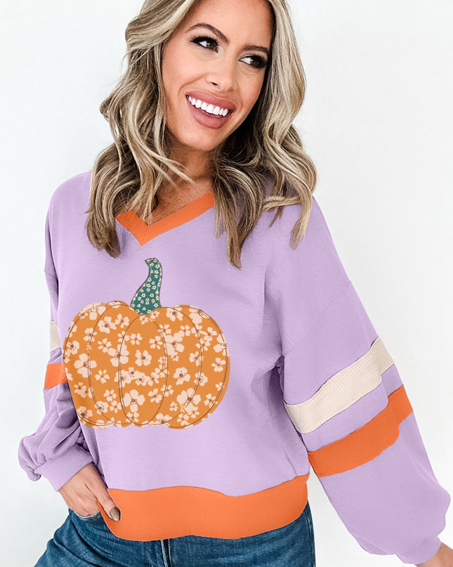 Orchid Bouquet Floral Pumpkin Graphic Color Block Sleeve Sweatshirt