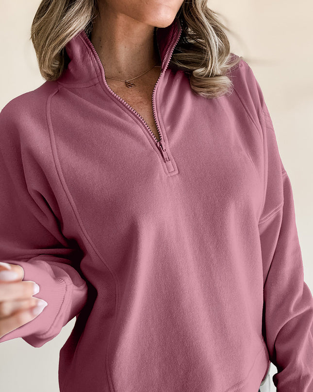 White Zipper Collared Drop Shoulder Plain Sweatshirt