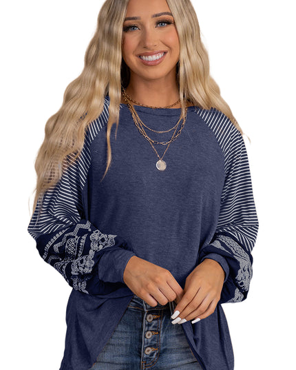 Rose Red Contrast Print Striped Raglan Long Sleeve Loose Top
