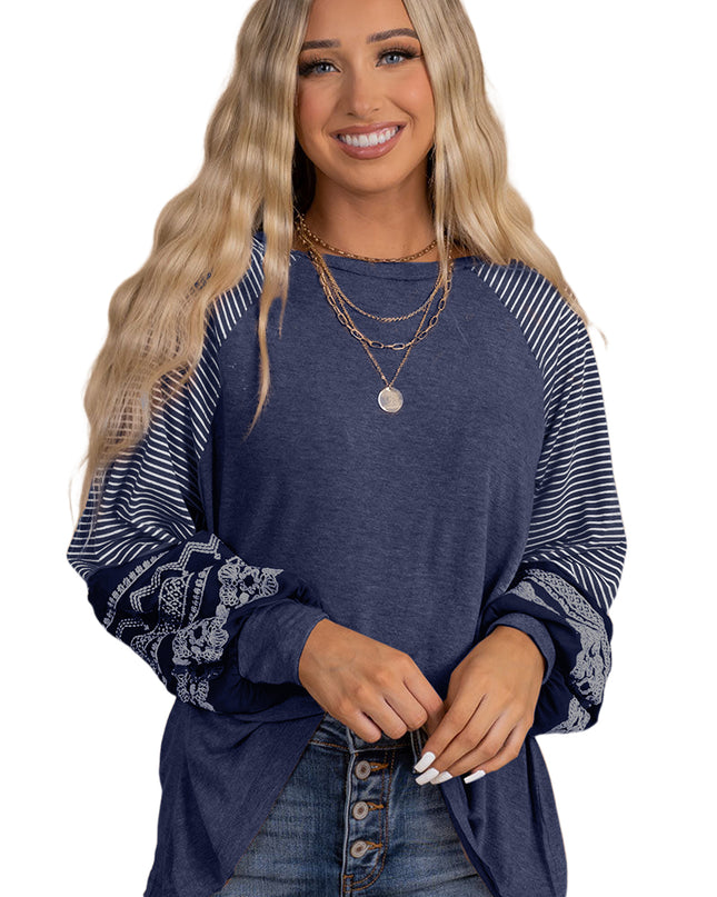 Rose Red Contrast Print Striped Raglan Long Sleeve Loose Top