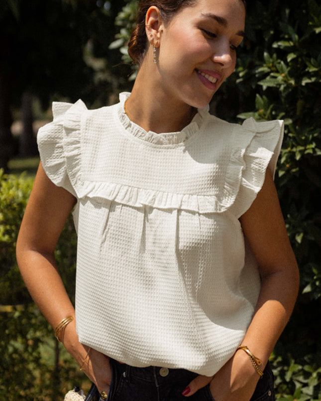 White Solid Color Ruffle Trim Waffle Textured Blouse