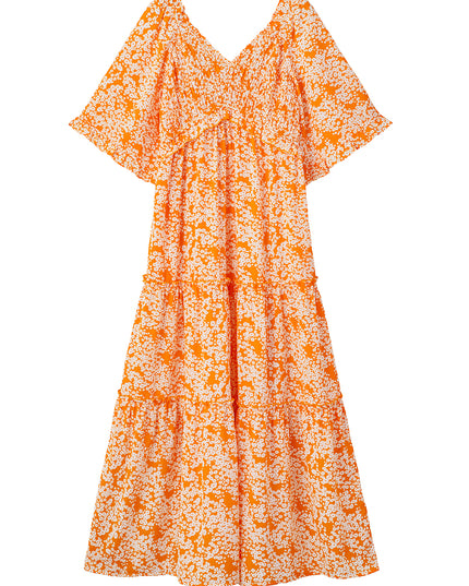 Orange Floral Print Smocked V Neck Bell Sleeve Maxi Dress