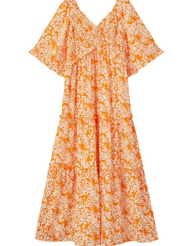 Orange Floral Print Smocked V Neck Bell Sleeve Maxi Dress