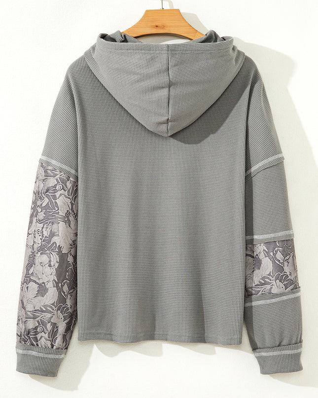 Gray Waffle Patchwork Drawstring Hooded Long Sleeve Top