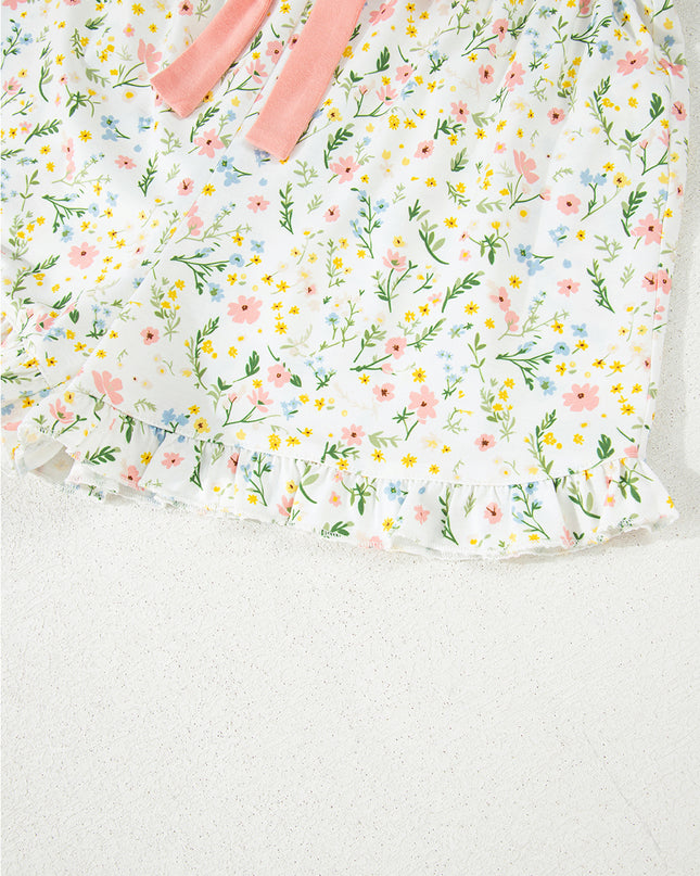 Pink Polka Dot and Bow Print Ruffle Hem Shorts Pajama Set