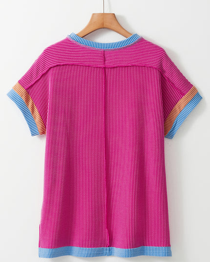 Rose Red Textured Colorblock Round Neck T Shirt