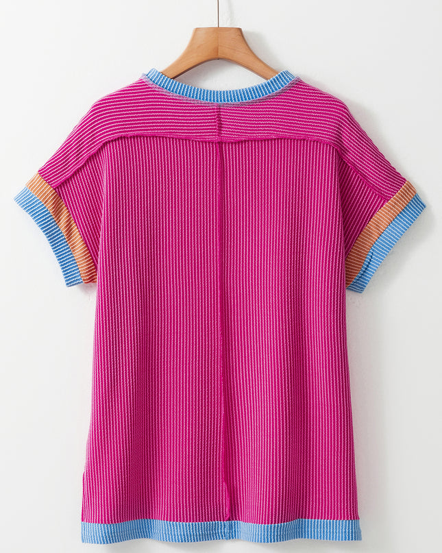 Rose Red Textured Colorblock Round Neck T Shirt