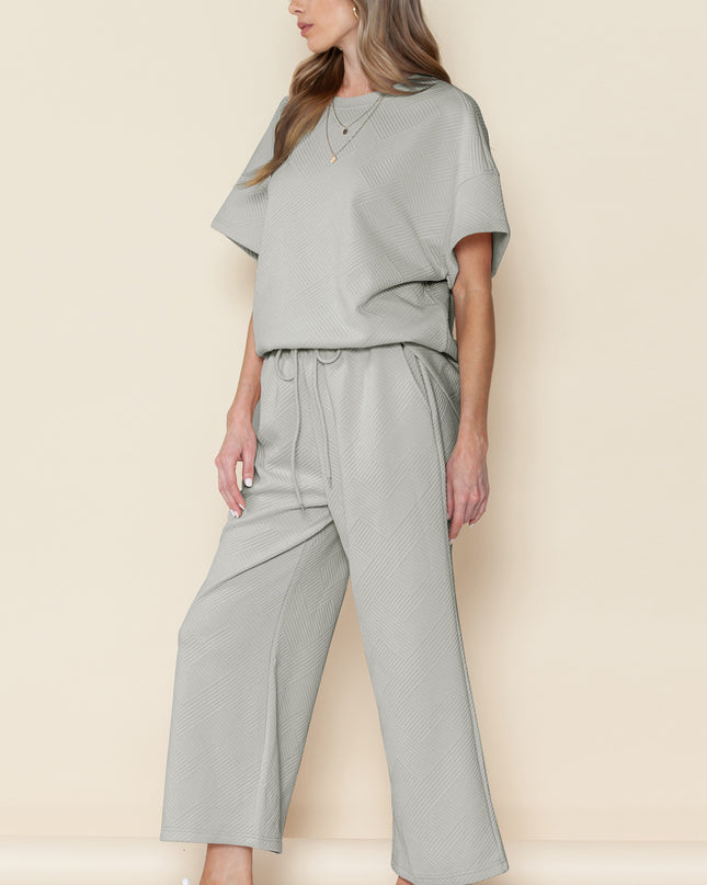 Black Textured Loose Fit T Shirt and Drawstring Pants Set
