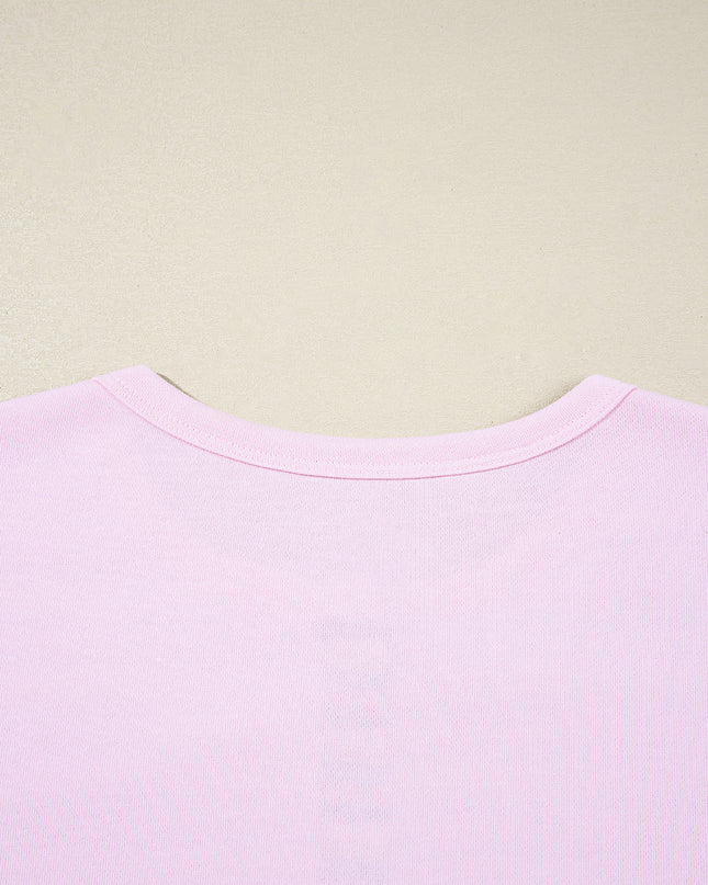 Pink Striped Patchwork Button V Neck Pullover Sweatshirt