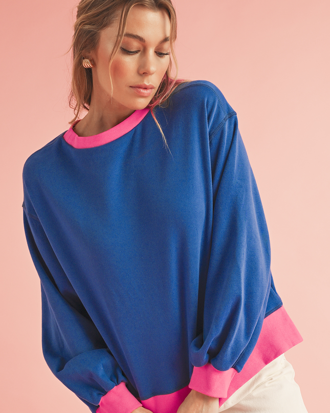 Blue Contrast Trim Bubble Sleeve Sweatshirt