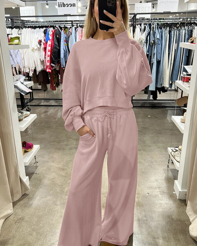 Mist Blue Wide-Leg Lounge Set | Drop Shoulder Crop Pullover & Drawstring Pants