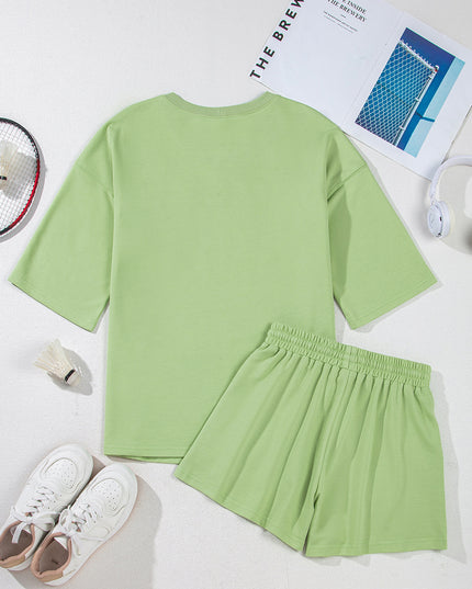 Bonbon Loose V Neck Tee and Drawstring Shorts Set