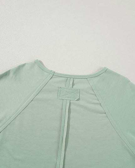 Smoke Green Flower Patchwork Exposed Seam Raglan Sleeve Top