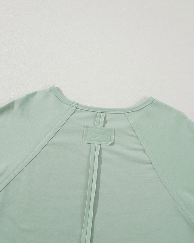 Smoke Green Flower Patchwork Exposed Seam Raglan Sleeve Top