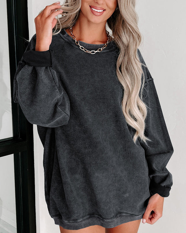 Green Ribbed Round Neck Drop Sleeve Pullover Sweatshirt