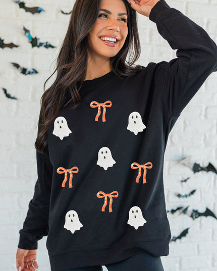 Black Halloween Ghost Bow Sequin Patched Drop Shoulder Sweatshirt