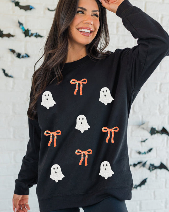 Black Halloween Ghost Bow Sequin Patched Drop Shoulder Sweatshirt