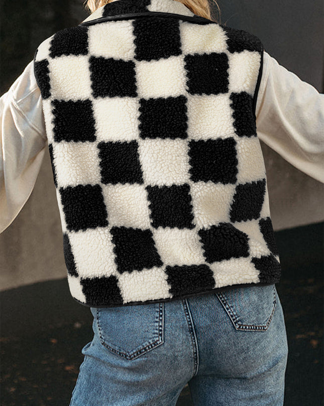 Khaki Checkered Sherpa Collared Jacket Vest
