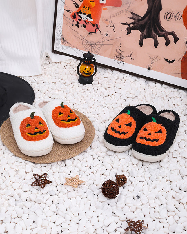 White Halloween Pumpkin Print Plush Slippers