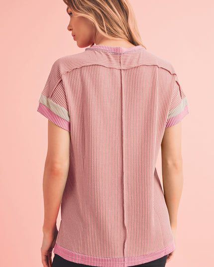 Rose Red Textured Colorblock Round Neck T Shirt