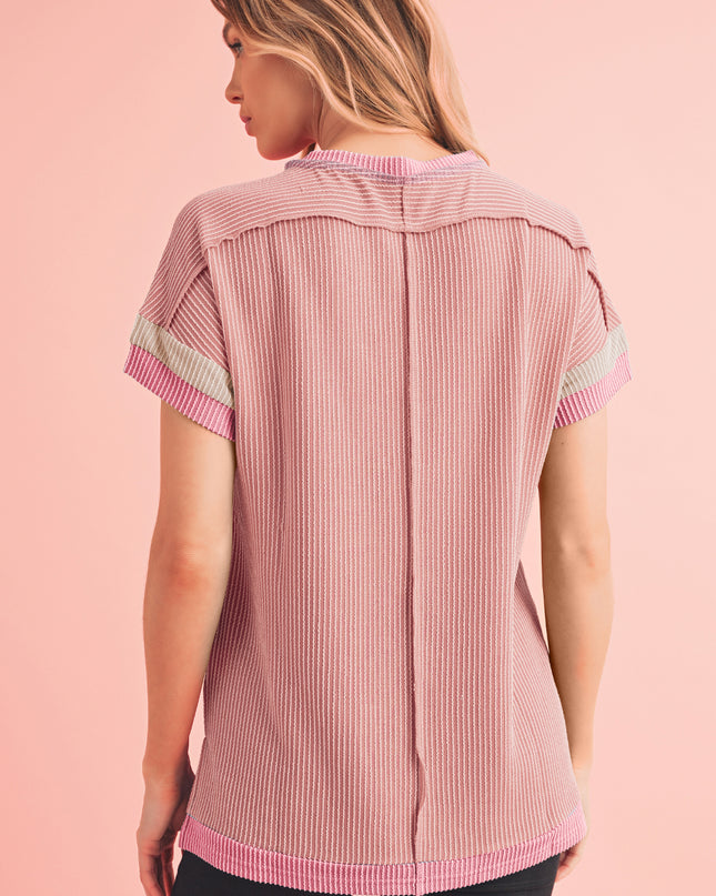 Rose Red Textured Colorblock Round Neck T Shirt