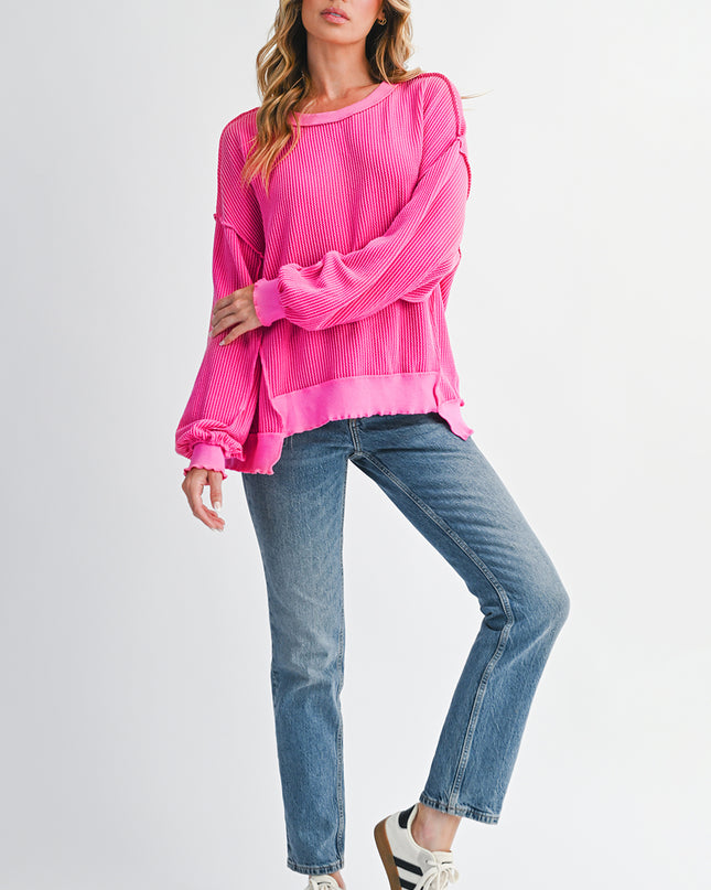 Strawberry Pink Twisted Ribbed Seamed Patchwork Long Sleeve Top