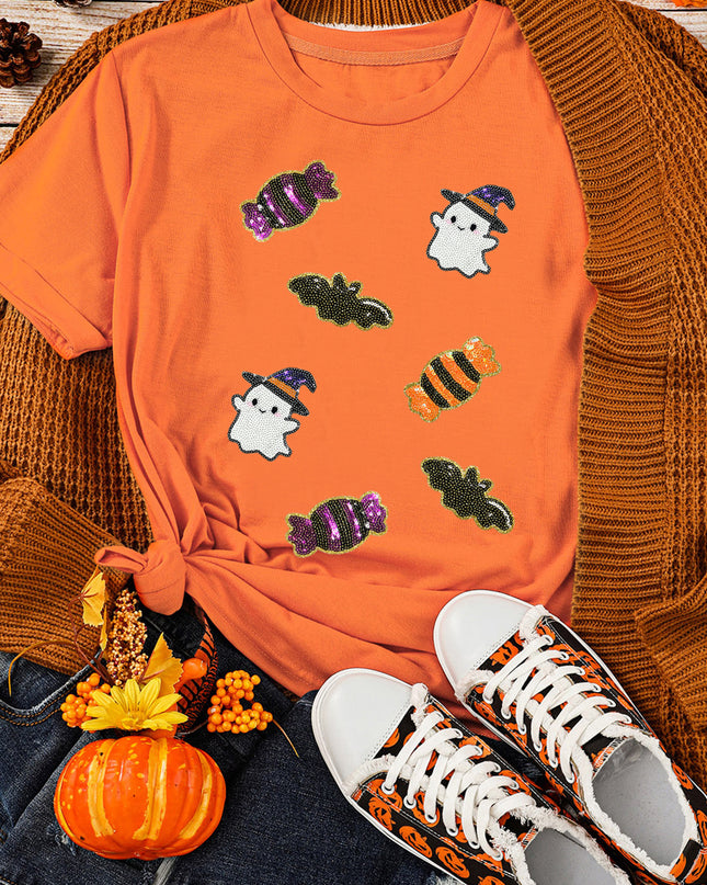 Black Sequined Halloween Spirit Pattern Patched Custom Casual Tee