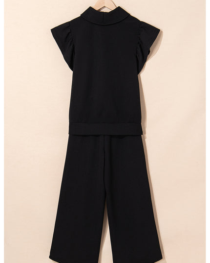 Beau Blue Textured Ruffle Sleeve Zipped Top and Wide Leg Pants Set