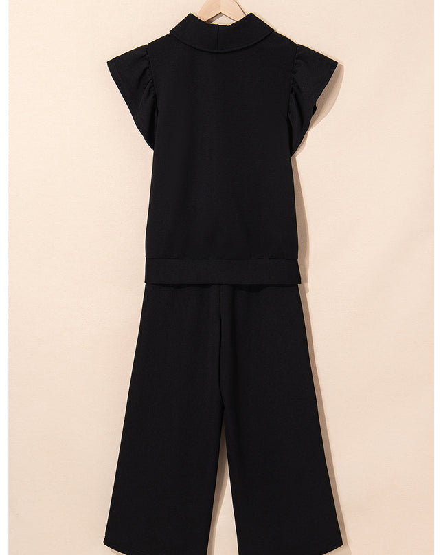 Beau Blue Textured Ruffle Sleeve Zipped Top and Wide Leg Pants Set