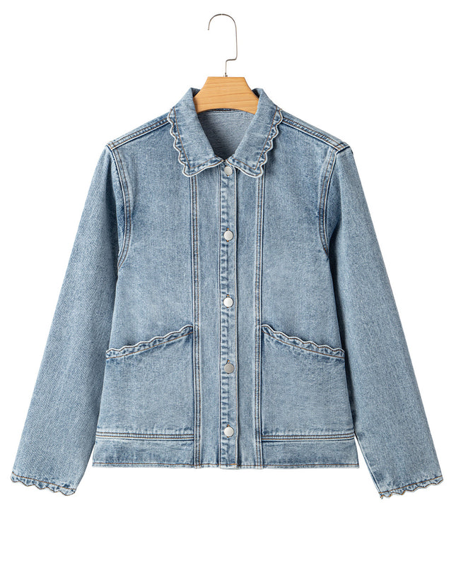 Myosotis Scallop Trim Collar Pocket Button Up Denim Jacket